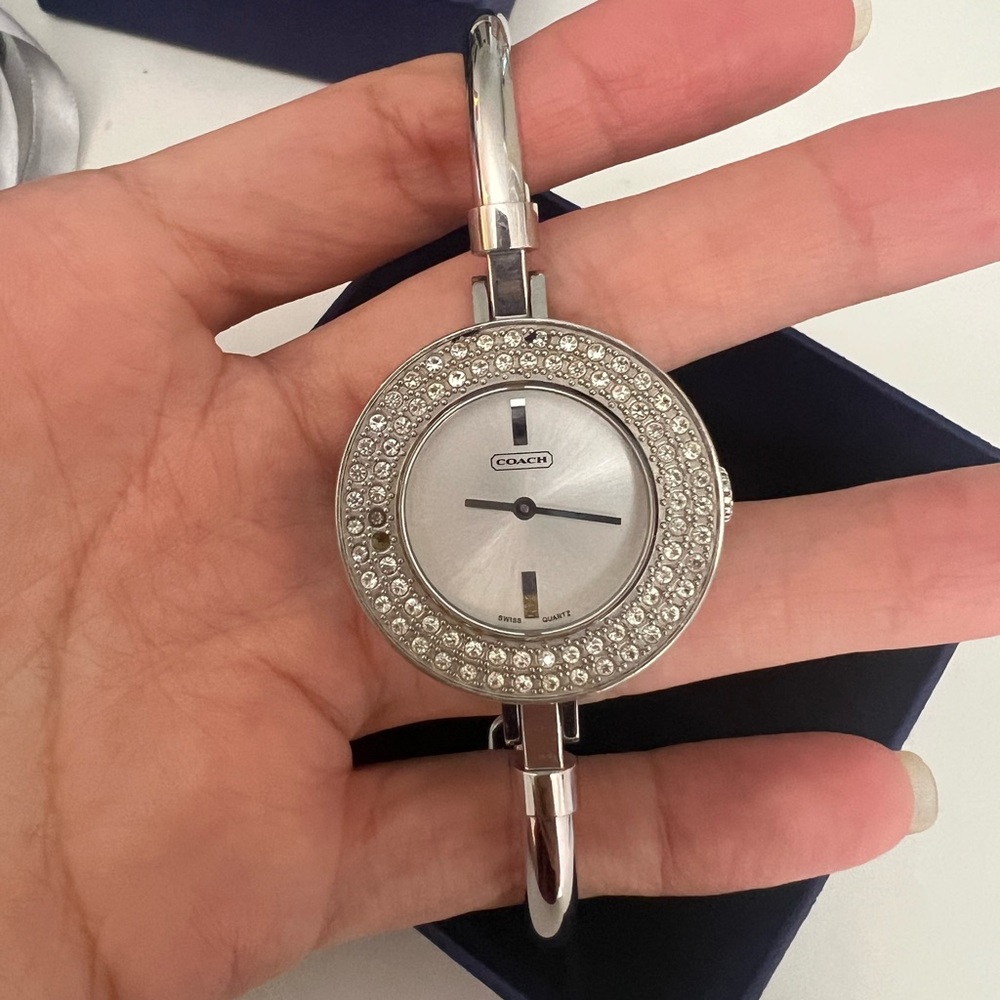 Coach Silver Crystal-Accented Bangle Watch
